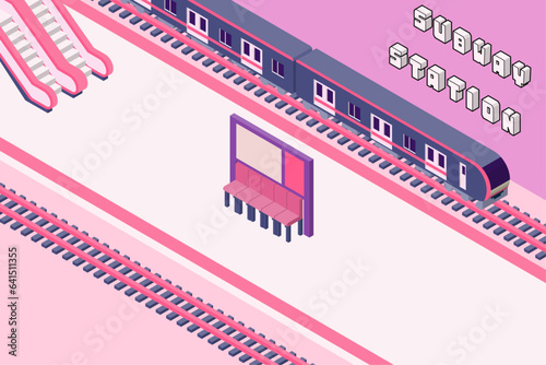電車が止まっている地下鉄の駅のホームのイラスト。アイソメトリックな交通インフラ素材。
