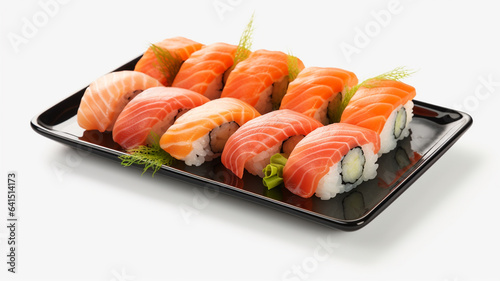 Salmon sashimi, Japanese food. Raw salmon fillet with wasabi in dish on white background.
