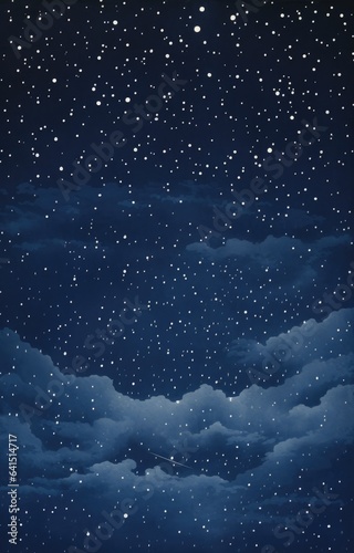 Starry night sky screenprint graphic, deep dark, illustration detailed and symbolic
