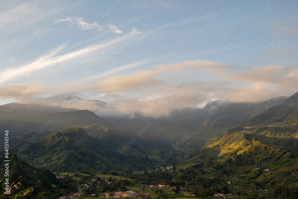 Aerial View of the Beautiful Mountain Range Surrounding Jardin, Antioquia, Colombia, with Hills, Farmlands and Forests at Dawn