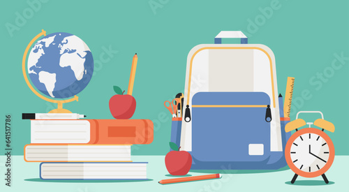 Education Concept, Vibrant Back-to-School Supplies with Colorful Schoolbag, Books, and Stationery Set on Desk, Vector Flat Design Illustration