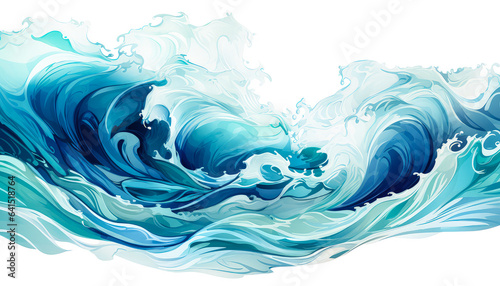 Elegant Fluidity Waves Drawing, Watercolors, and Oceanic Charm on Clean White Background