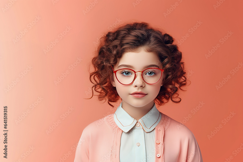 School pupil, funny red hair girl in glasses on background with copy space, back to school