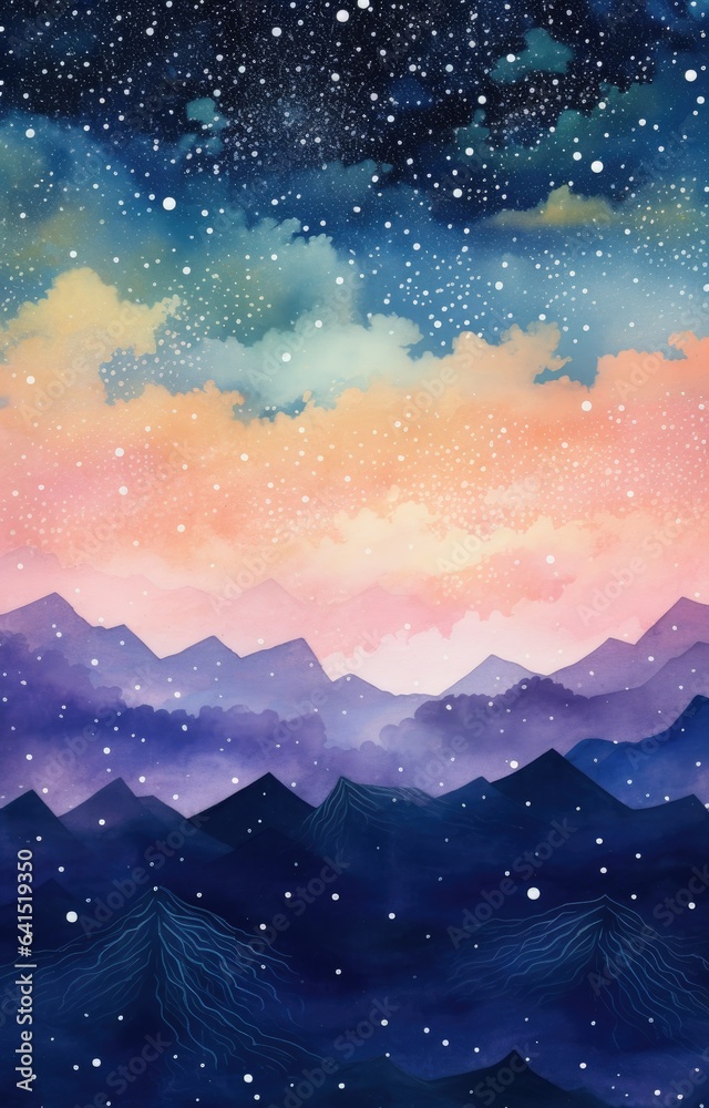 Hills on a backdrop of night sky stars - illustration background