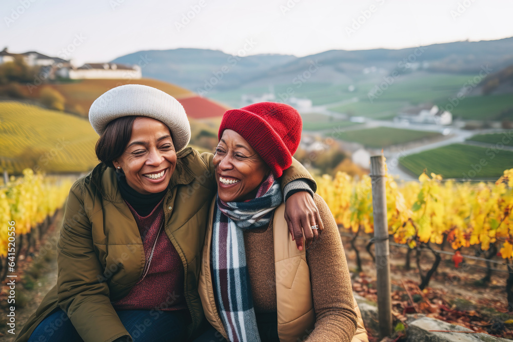 Active middle aged black friends or lesbian couple at wine trails, fall season