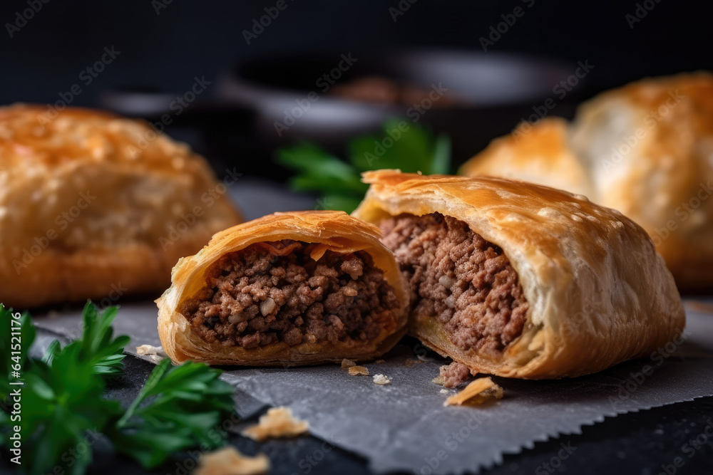 A close-up view of a freshly baked bourekas, filled with spiced ground beef and aromatic herbs, with a crispy exterior and steam rising from the center A close-up view of a freshly baked bourekas, filled with spiced ground beef and aromatic herbs, with a crispy exterior and steam rising from the center