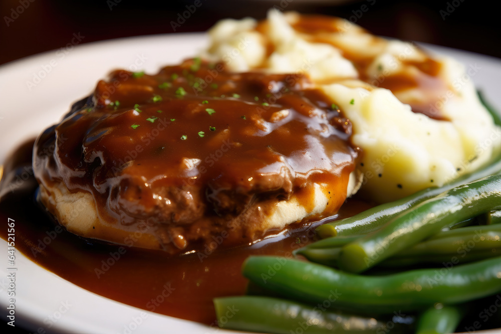 A mouth-watering hamburger steak covered in rich gravy, served with buttery mashed potatoes and green beans, captured in a tempting macro shot A mouth-watering hamburger steak covered in rich gravy, served with buttery mashed potatoes and green beans, captured in a tempting macro shot