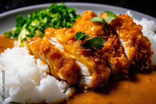 A close-up of chicken katsu curry, served with steaming white rice and garnished with fresh herbs, creates a mouthwatering and enticing dish