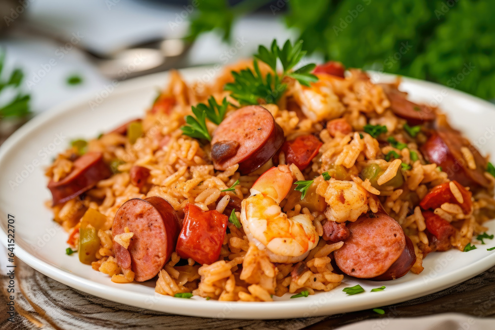 A close-up of a decorative plate showcasing spicy jambalaya, featuring andouille sausage, shrimp, and tomatoes