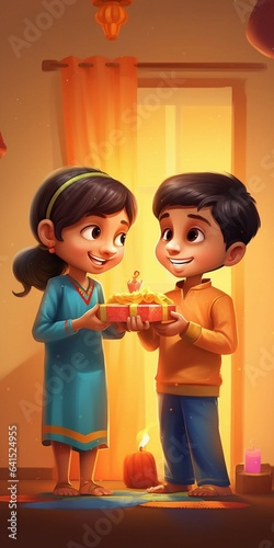 Cheerful Indian brother and sister exchanging gift box during raksha bandhan festival