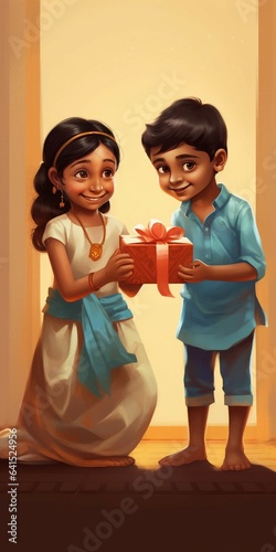 Cheerful Indian brother and sister exchanging gift box during raksha bandhan festival