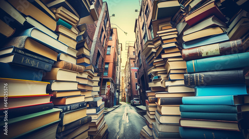 Street dominated by towering book mountains, emulating skyscraper