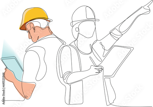 Vector landing page of architecture works with protective face masks for safety in machine industrial factory. Continuous one line drawing for your minimal design