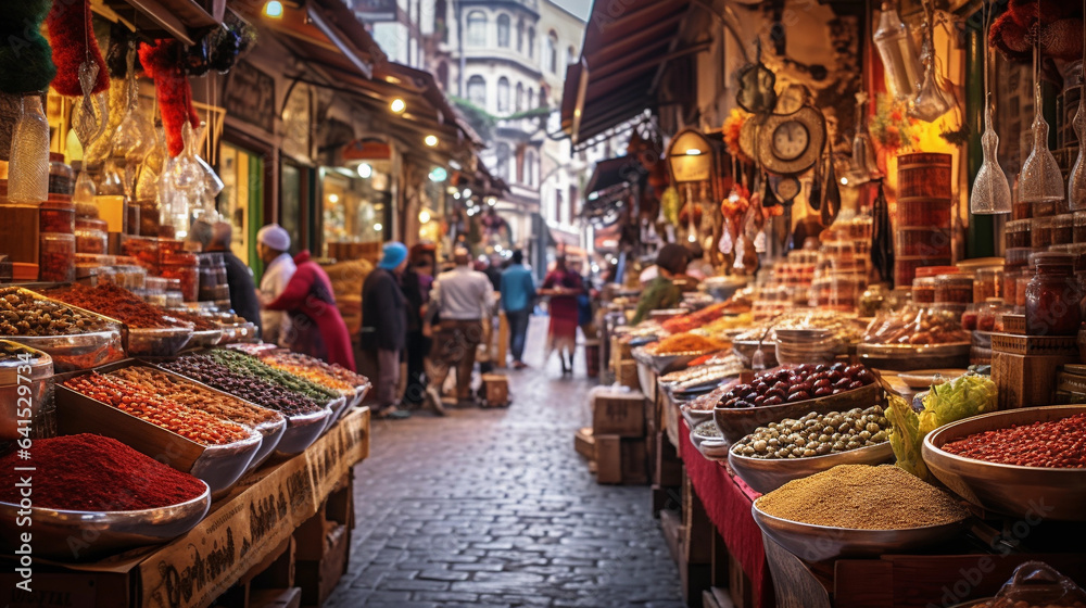  A Panoramic View of Istanbul's Bustling Spice Market, Where Vibrant Colors, Aromas, and Energetic Commerce Create a Rich Tapestry of Culinary Delight