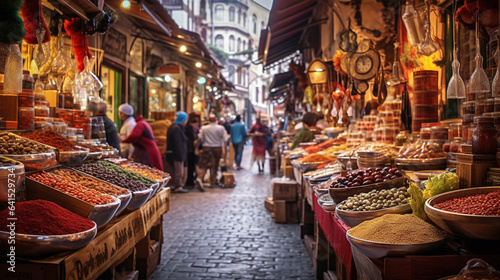  A Panoramic View of Istanbul's Bustling Spice Market, Where Vibrant Colors, Aromas, and Energetic Commerce Create a Rich Tapestry of Culinary Delight