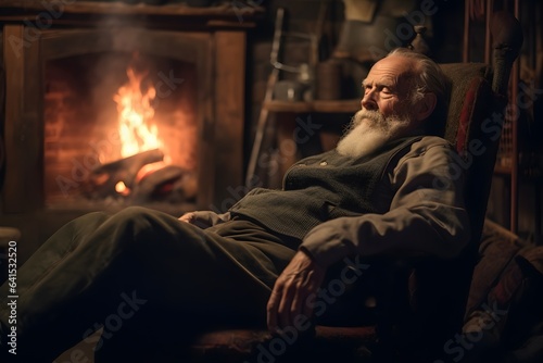 暖炉の前で微睡む老人　with generative ai © CrioStudio