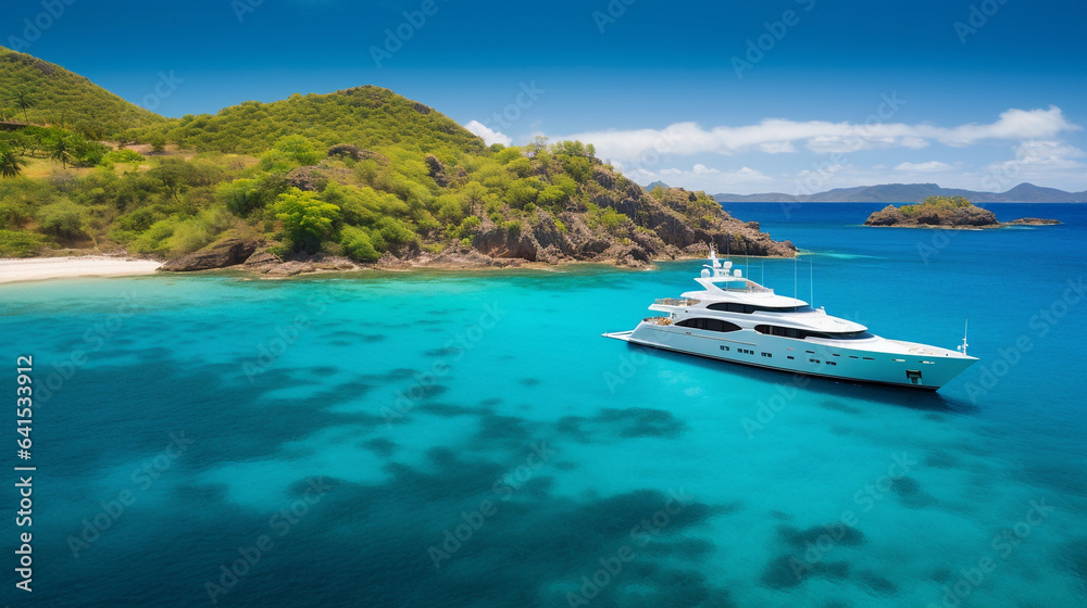 A Panoramic View of a Luxury Yacht Anchored Near a Tropical Paradise, Evoking Opulence, Serenity, and Coastal Elegance