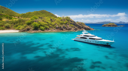 A Panoramic View of a Luxury Yacht Anchored Near a Tropical Paradise, Evoking Opulence, Serenity, and Coastal Elegance