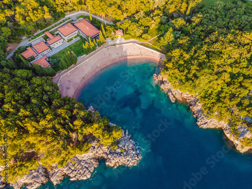 Queen's Beach in Milocer, Montenegro. Aerial view of sea waves and fantastic Rocky coast, Montenegro. drone photo