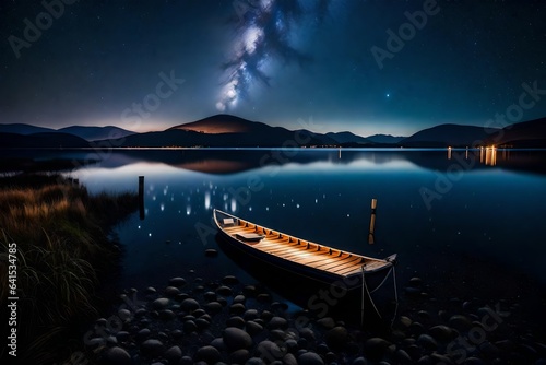 night landscape with moon and clouds   wait lake at night with a faint milky way in the night sky 