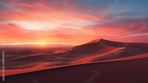 A Panoramic View of a Vast Desert with the Sun Setting  Where Nature Paints the Sky in Warm Hues and Tranquility Abounds