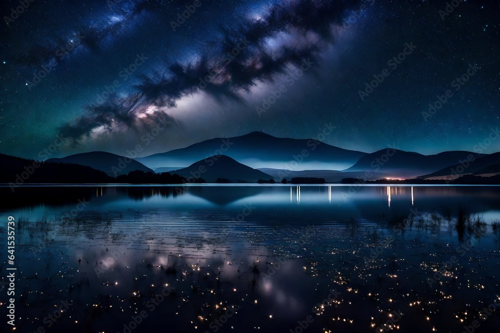 night landscape with moon and clouds,  wait lake at night with a faint milky way in the night sky 