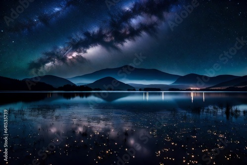 night landscape with moon and clouds   wait lake at night with a faint milky way in the night sky 