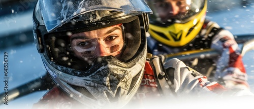 A close-up of a couple performing high-speed ice karting on a frozen track. winter sport extreme.