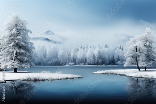 A winter lake wallpaper featuring a serene scene of a snow-covered forest and majestic mountains. Photorealistic illustration, Generative AI