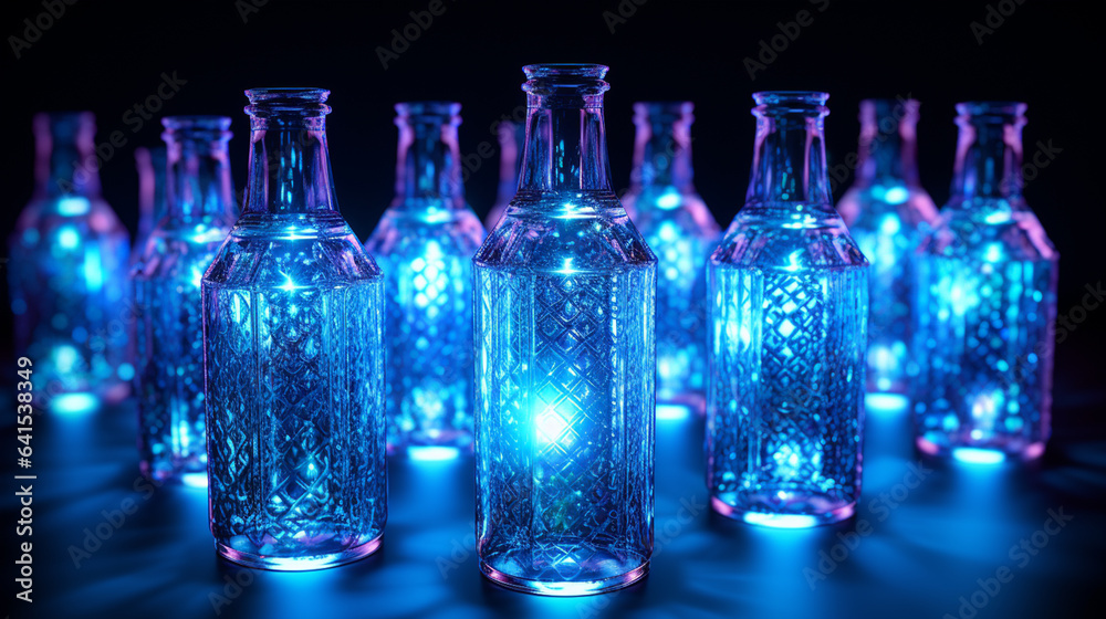 blue glass bottles on dark background blue glass bottles on dark background
