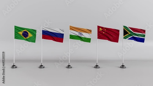 BRICS all country flag waving. National and Realistic 3d Brazil, Russia, India, China, and South Africa flag waving. Brics 3d Animation. photo
