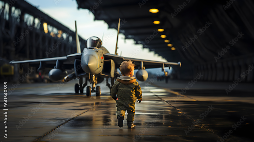 A child or boy fighter pilot walks. view from behind with fighters and hangars. Orange light of the shines at sunrise or sunset. Future dream job for kid. Learning is inspiration. Copy space. A child or boy fighter pilot walks. view from behind with fighters and hangars. Orange light of the shines at sunrise or sunset. Future dream job for kid. Learning is inspiration. Copy space.