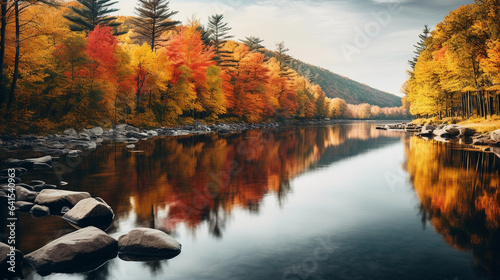 A Panoramic View of a Serene Forest During Autumn, Where Vibrant Foliage Meets Peaceful Stillness in Nature's Embrace