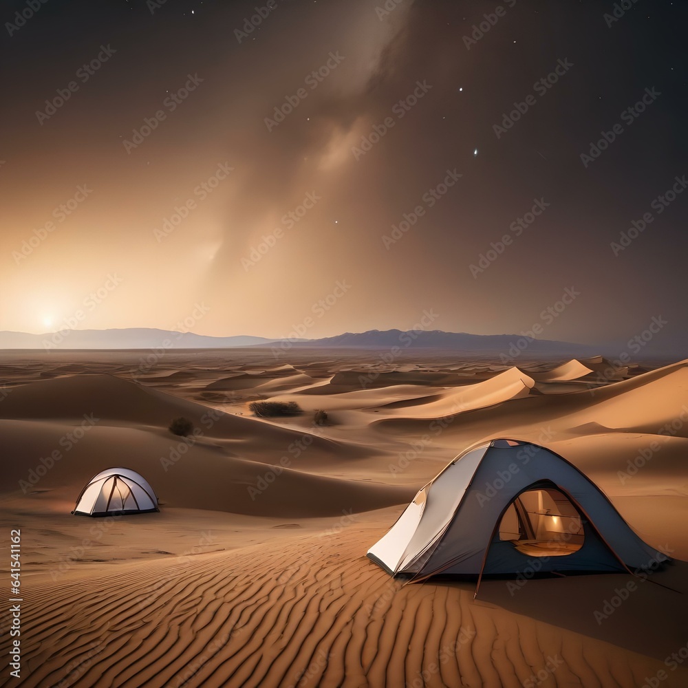 A surreal desert landscape with towering sand dunes, nomadic tents, and a brilliant starry sky1