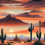 Paint a surreal desert landscape with towering cacti, sand dunes, and a vibrant sunset1
