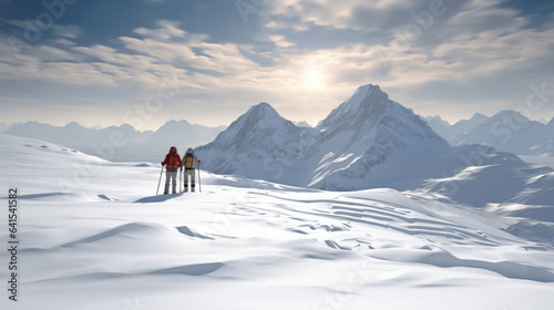 Mountain landscape with snow-covered peaks. Three tourists walking along the valley