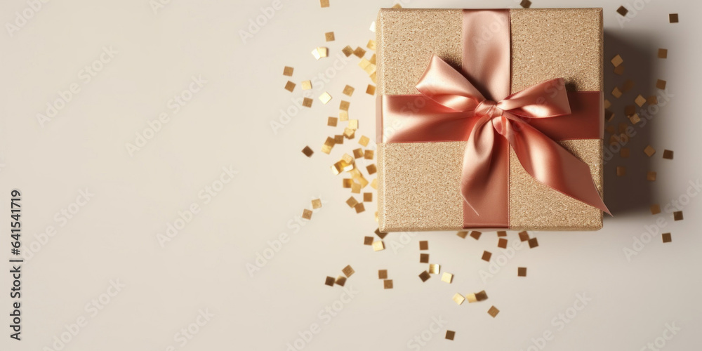 Gift box with satin ribbon bow on pale colorful background. Holiday gift with copy space. many golden confetti . Birthday or Christmas present, flat lay, top view. Gift box with satin ribbon bow on pale colorful background. Holiday gift with copy space. many golden confetti . Birthday or Christmas present, flat lay, top view.