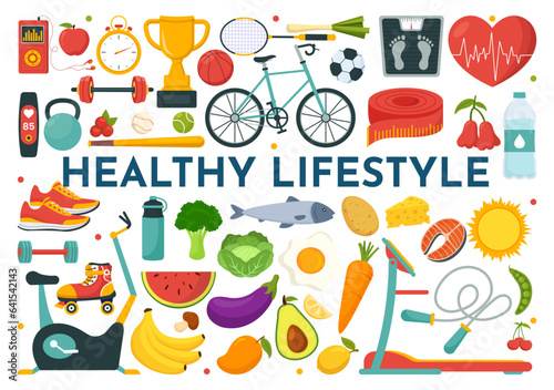 Healthy Lifestyle Vector Illustration with Organic Vegetables or Fruit, Sport and Workout in Flat Cartoon Hand Drawn Background Design Templates