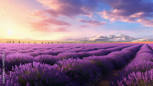 A View of Lavender Field at Sunset, Nature's Final Brushstrokes Painting the Sky and Blossoms in Lavish Hues