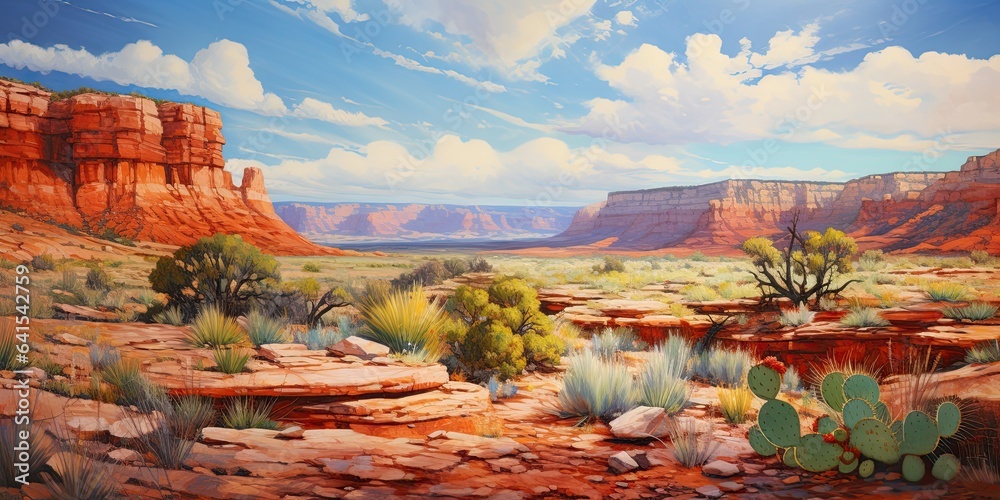 oil painting of red rock desert landscape, cliffs, cactus, generative AI - obrazy, fototapety, plakaty 
