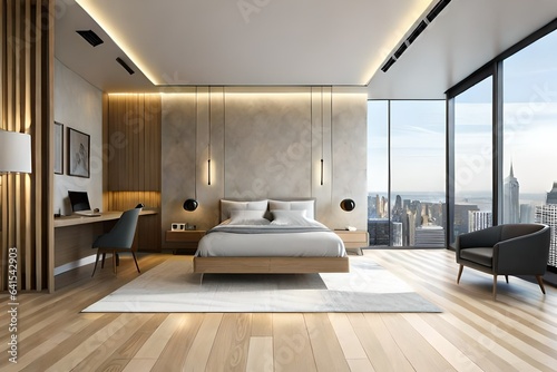 Contemporary room style interior with comfortable bed. 3d illustration.