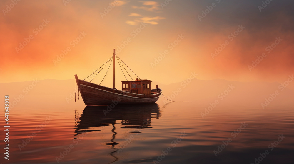 Vintage Wooden Fishing Boat Anchored Near the Shore, Painting a Serene Scene of Maritime Charm, Coastal Tranquility, and Timeless Seafaring Elegance