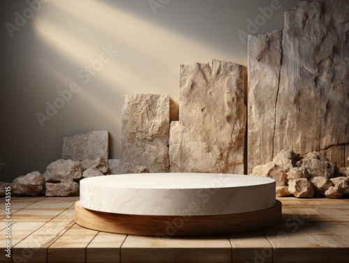 beige natural podium pedestal product display background with texture and shadow, luxury, elegant, modern, minimal