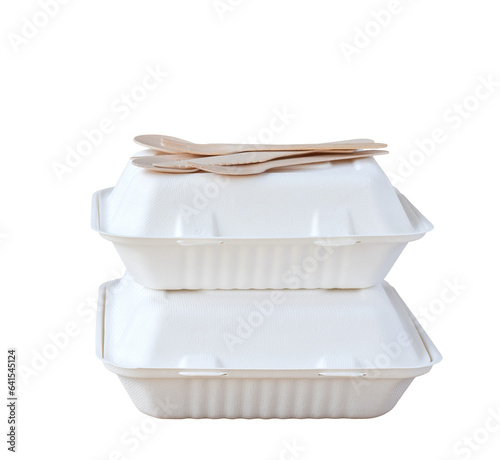 Biodegradable take out food containers and bamboo cutlery isolated cutout on transparent photo