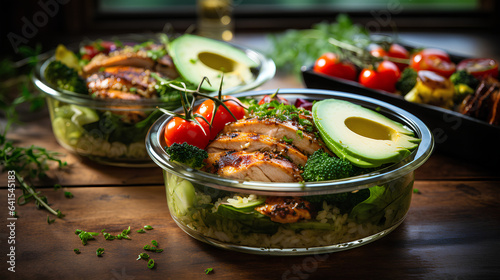 Healthy Green Cooking Containers with chicken, rice, avocado and Vegetables on Top shot