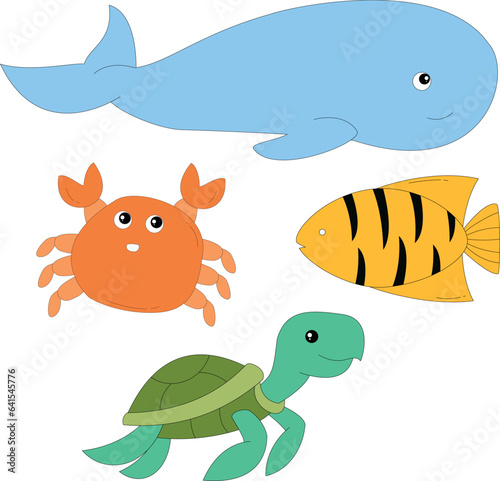 colorful ocean creatures clipart collection in cartoon style. includes 4 aquatic animals for kids and children