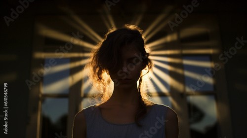 Silhouette of a Girl Gazing Downward, Bathed in Sunlight Waves Streaming Through a Window