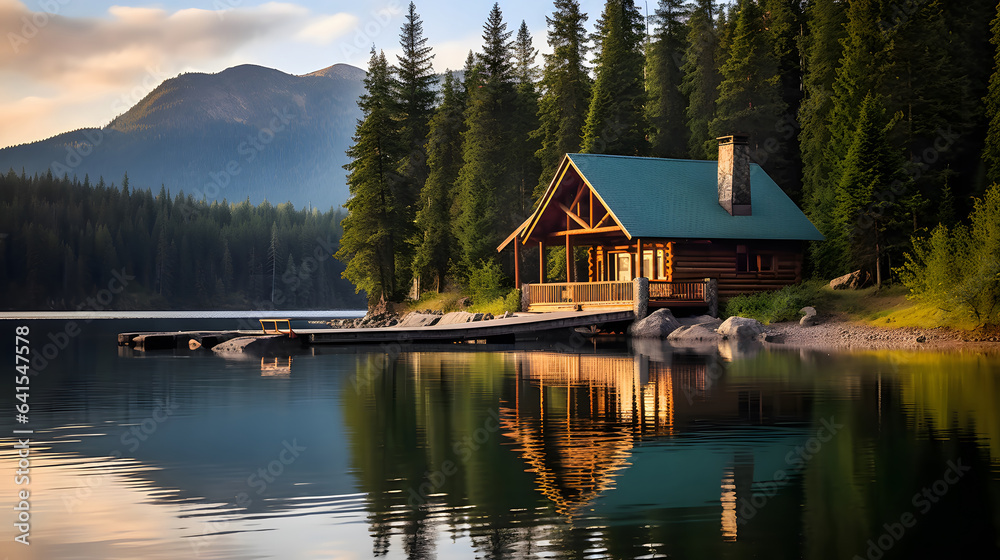 Obraz premium Wood cabin on the lake , log cabin surrounded by trees, mountains, and water in natural landscapes. Nature background