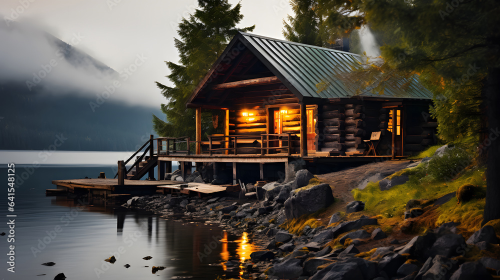Fototapeta premium Wood cabin on the lake , log cabin surrounded by trees, mountains, and water in natural landscapes. Nature background