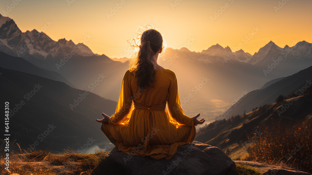 A girl meditates in the mountains